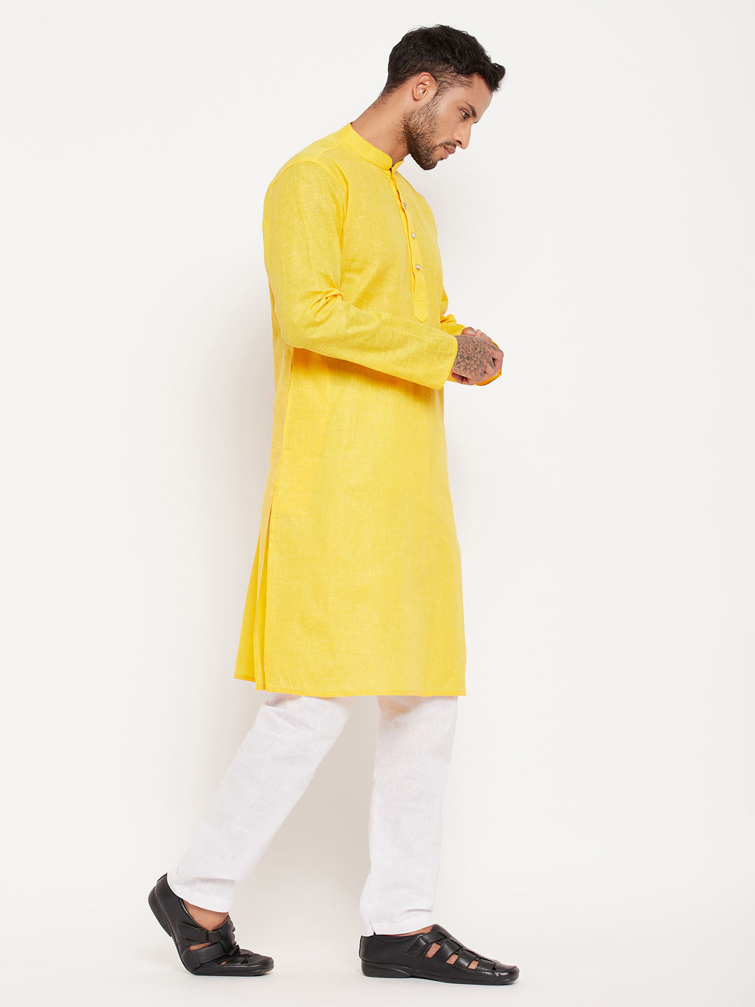 Sarvati Men's Yellow Cotton Kurta And White Pyjama Set