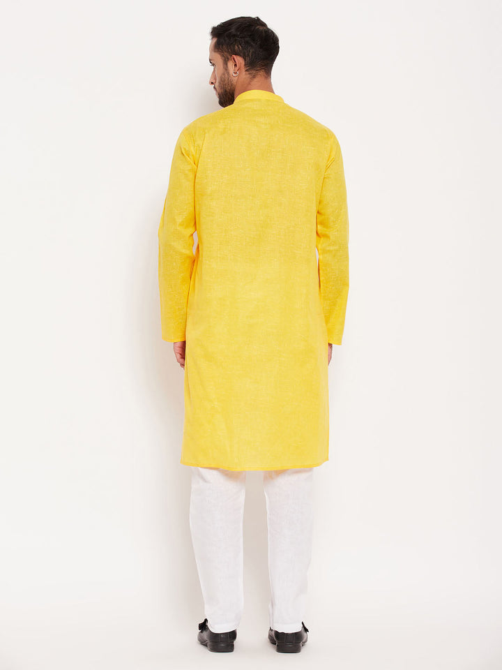 Sarvati Men's Yellow Cotton Kurta And White Pyjama Set