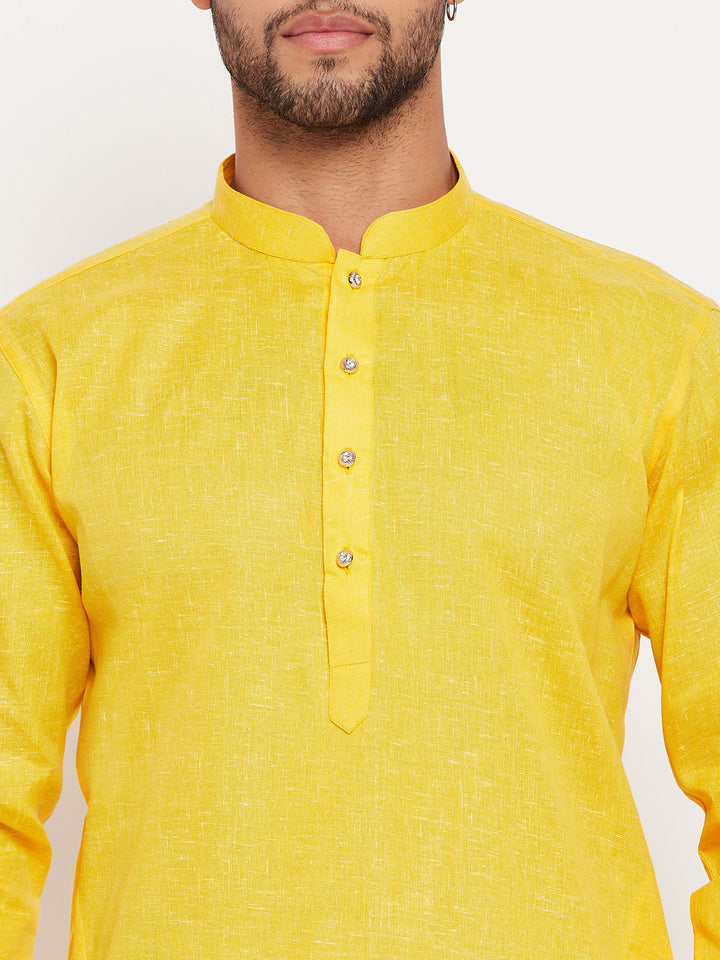 Sarvati Men's Yellow Cotton Kurta And White Pyjama Set