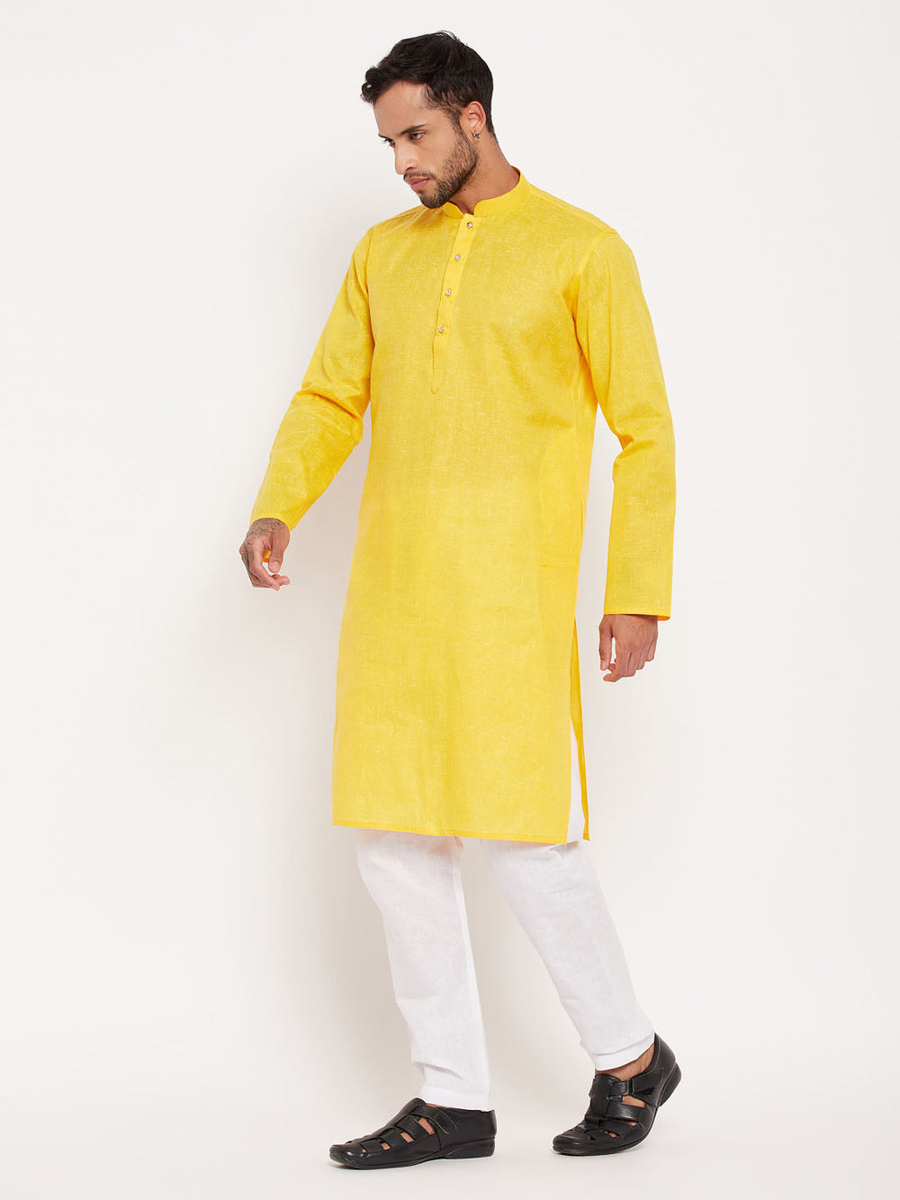 Sarvati Men's Yellow Cotton Kurta And White Pyjama Set