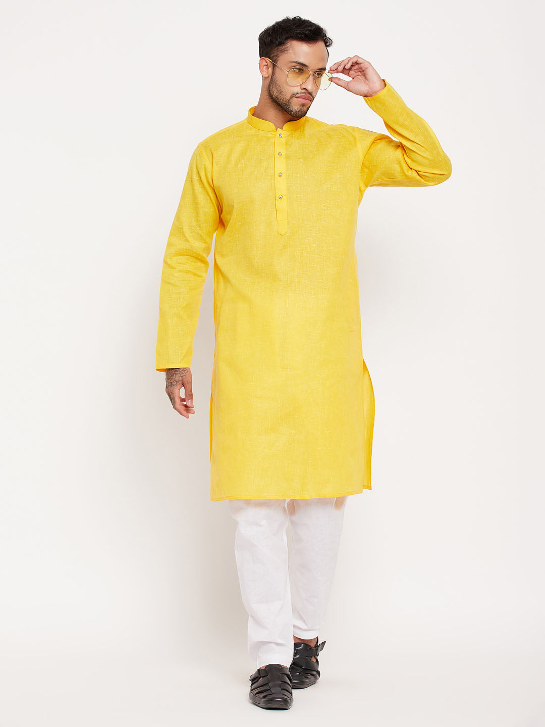 Sarvati Men's Yellow Cotton Kurta And White Pyjama Set