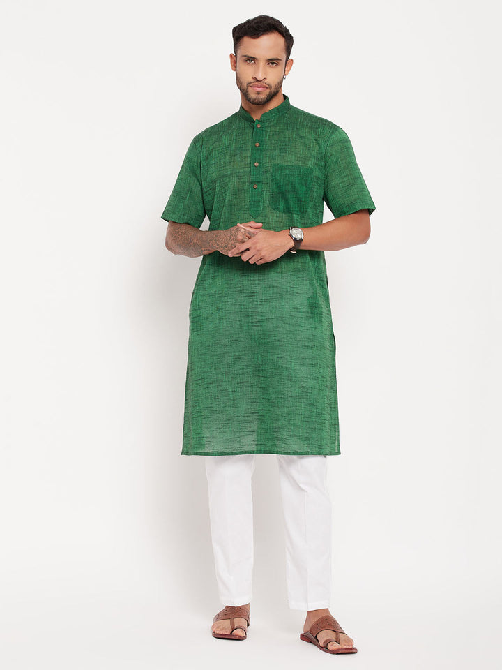 Sarvati Men's Solid Green Pure Cotton Kurta With White Pant Style Pyjama Set