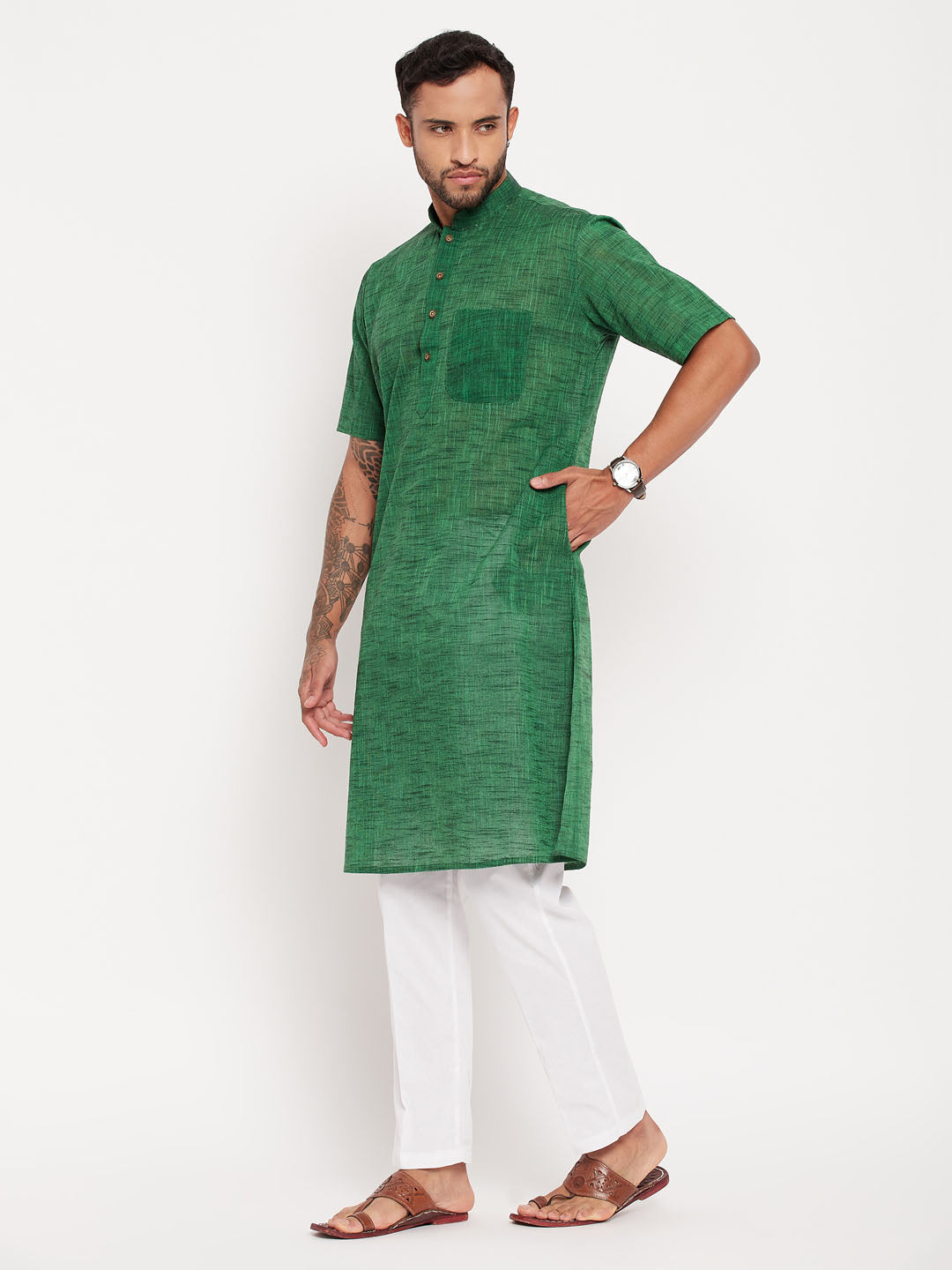 Sarvati Men's Solid Green Pure Cotton Kurta With White Pant Style Pyjama Set