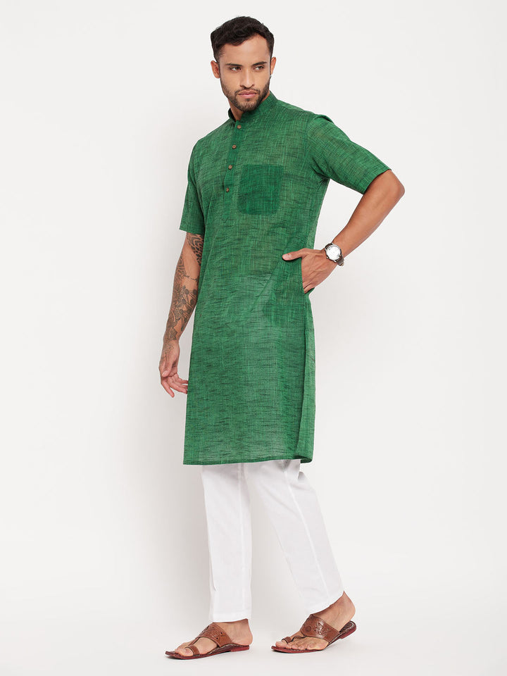 Sarvati Men's Solid Green Pure Cotton Kurta With White Pant Style Pyjama Set