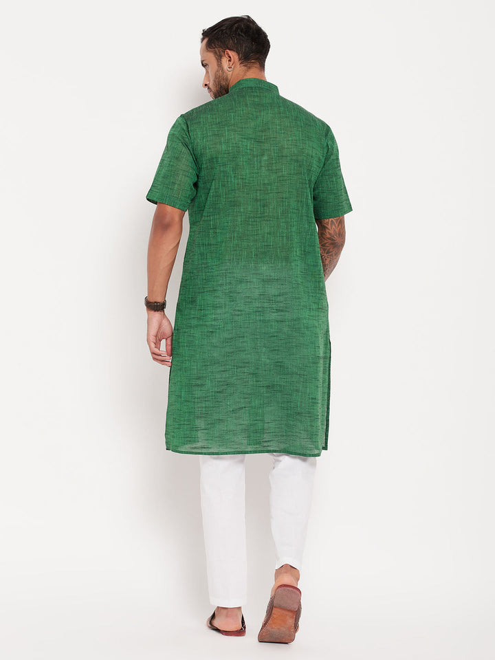 Sarvati Men's Solid Green Pure Cotton Kurta With White Pant Style Pyjama Set