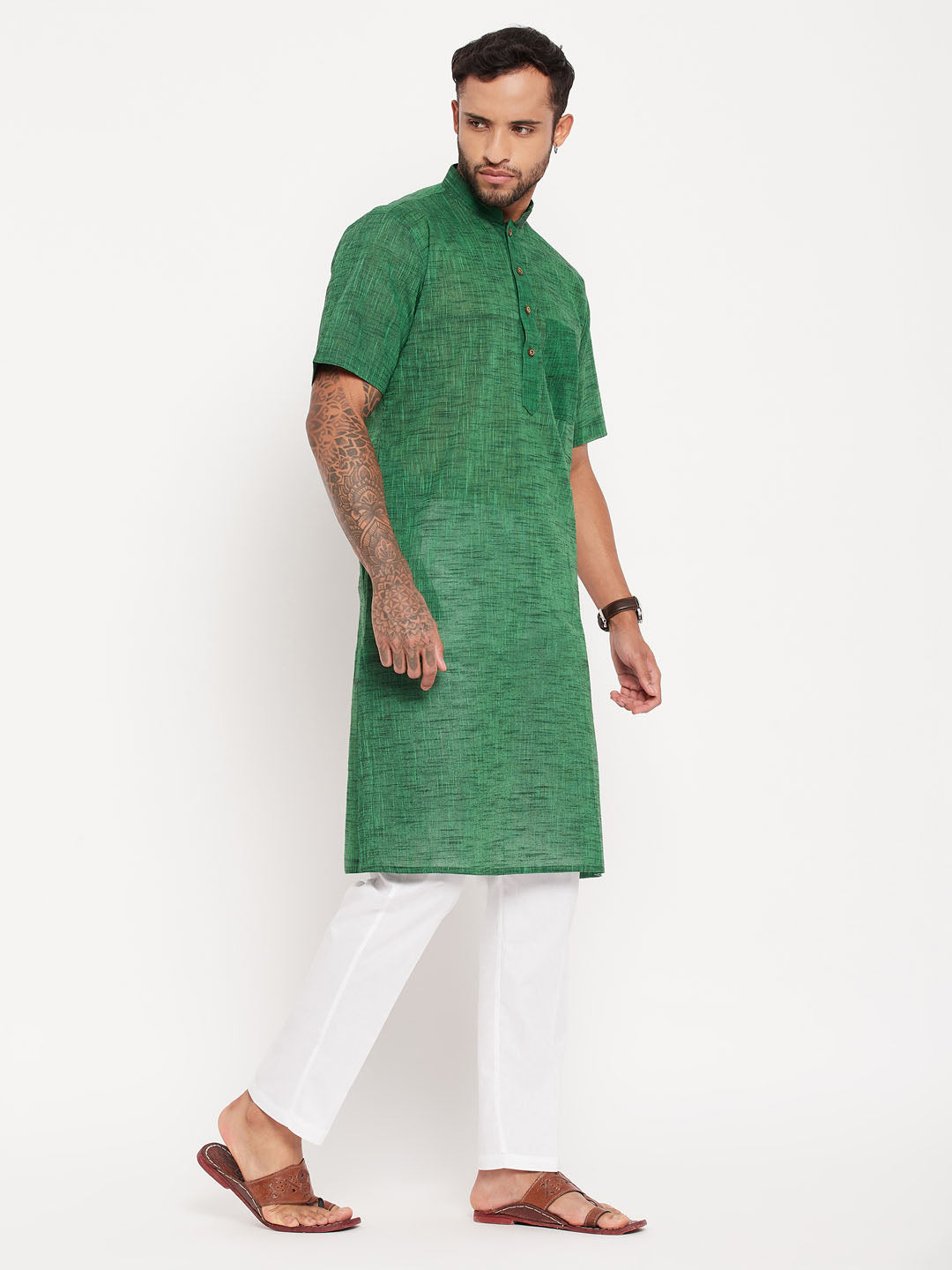 Sarvati Men's Solid Green Pure Cotton Kurta With White Pant Style Pyjama Set