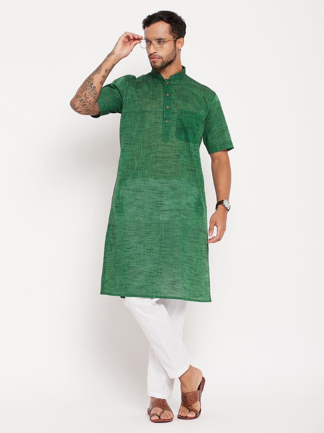 Sarvati Men's Solid Green Pure Cotton Kurta With White Pant Style Pyjama Set