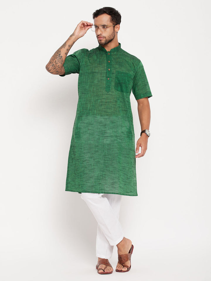 Sarvati Men's Solid Green Pure Cotton Kurta With White Pant Style Pyjama Set