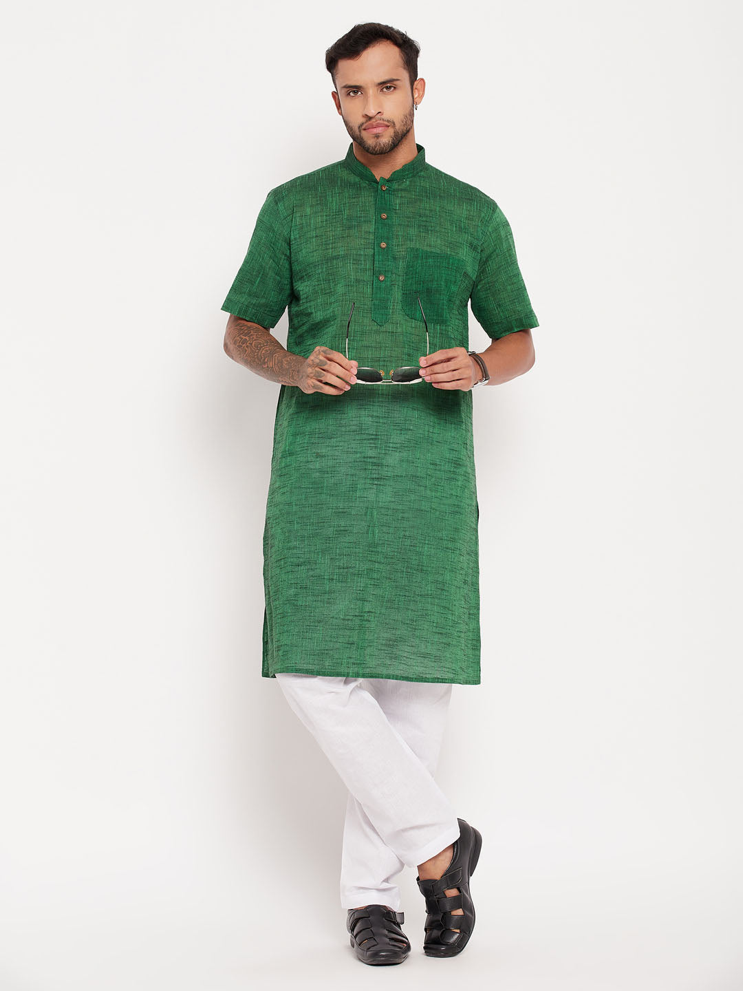 Sarvati Men's Solid Green Pure Cotton Kurta With White Pyjama Set