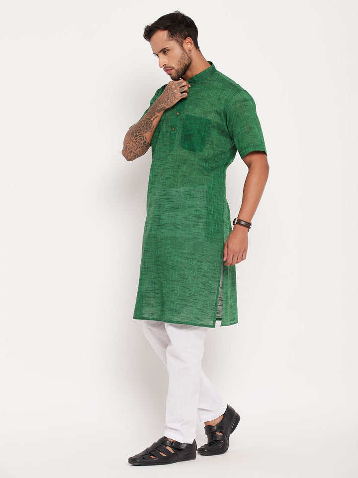 Sarvati Men's Solid Green Pure Cotton Kurta With White Pyjama Set