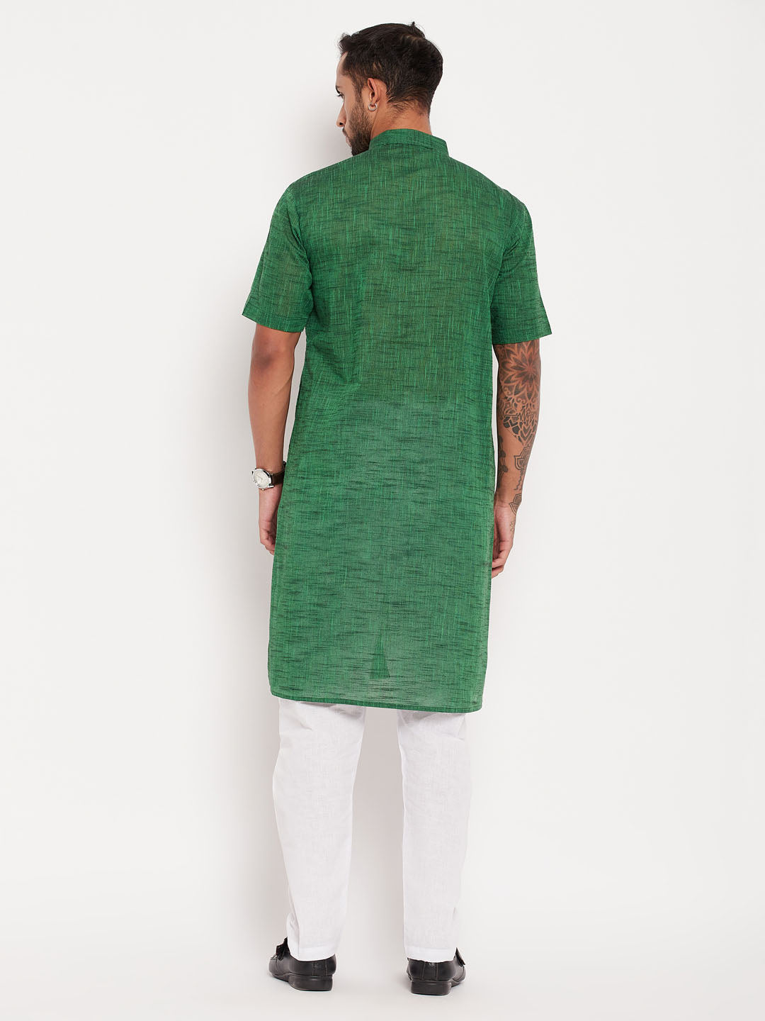 Sarvati Men's Solid Green Pure Cotton Kurta With White Pyjama Set