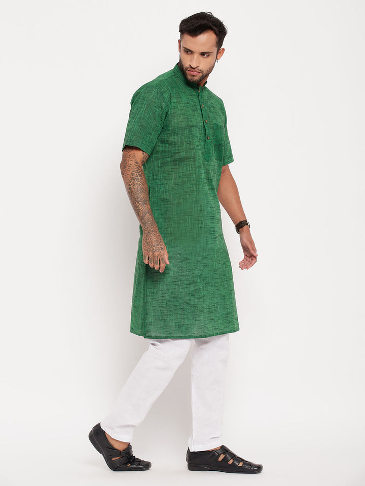 Sarvati Men's Solid Green Pure Cotton Kurta With White Pyjama Set