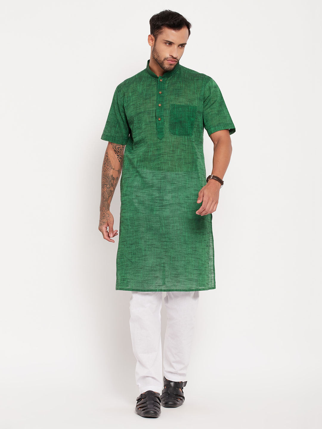 Sarvati Men's Solid Green Pure Cotton Kurta With White Pyjama Set