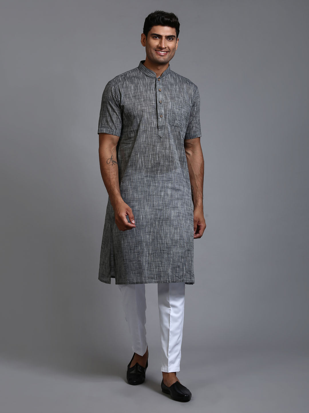 Sarvati Men's Solid Grey Pure Cotton Kurta Pant Set