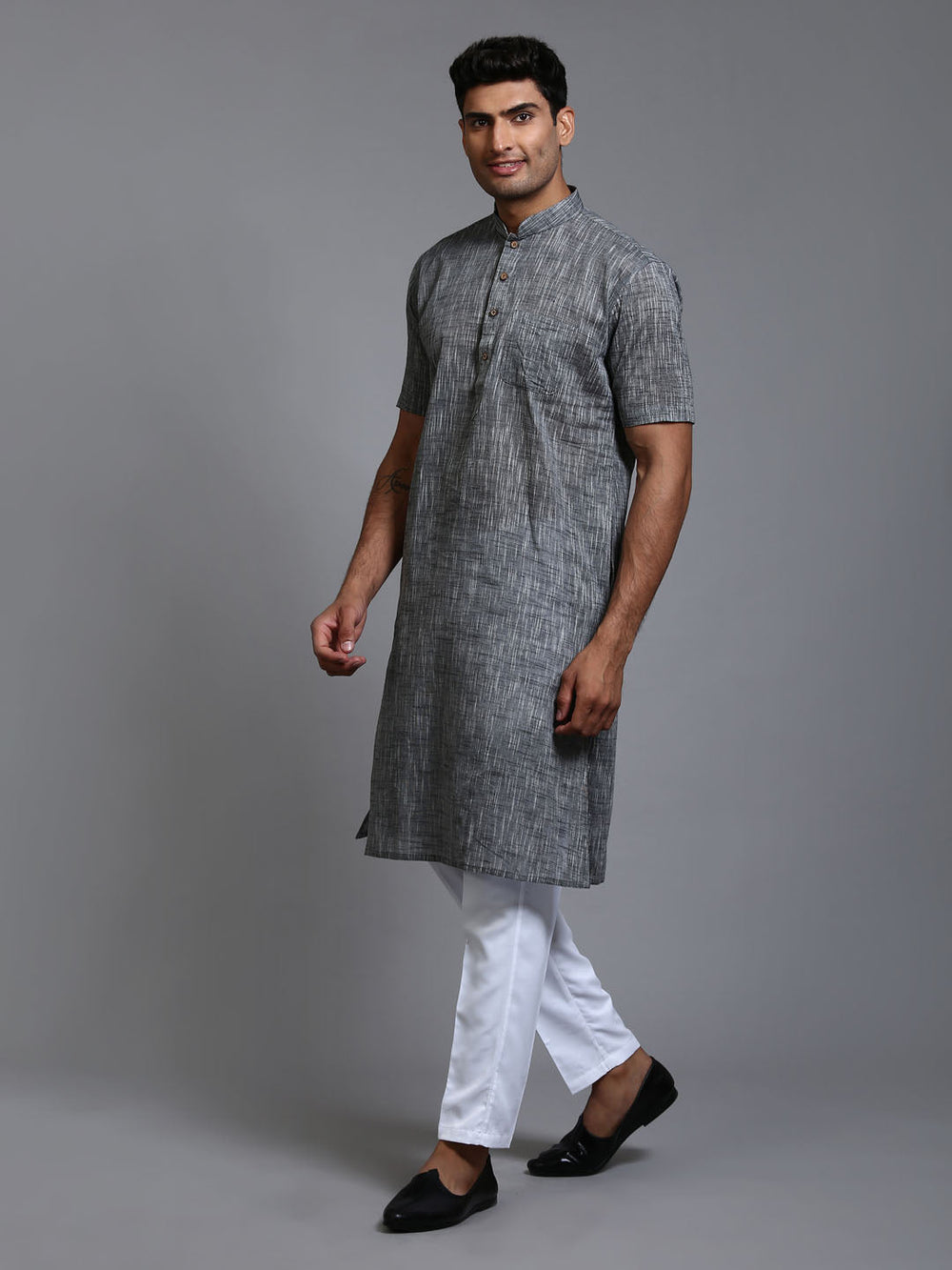 Sarvati Men's Solid Grey Pure Cotton Kurta Pant Set