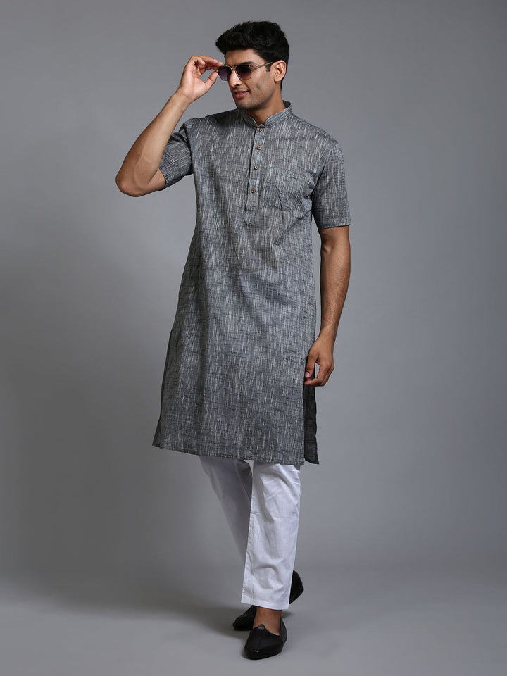 Sarvati Men's Solid Grey Pure Cotton Kurta Pyjama Set