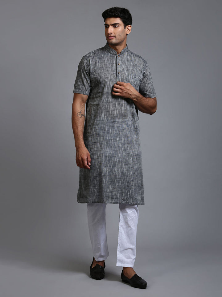 Sarvati Men's Solid Grey Pure Cotton Kurta Pyjama Set