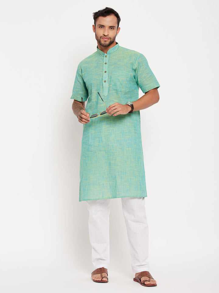 Sarvati Men's Solid Parrot Green Pure Cotton Kurta With White Pyjama Set