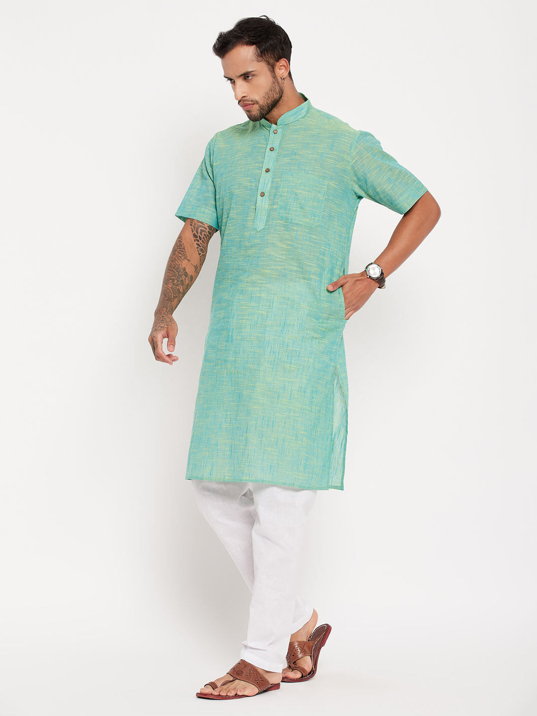 Sarvati Men's Solid Parrot Green Pure Cotton Kurta With White Pyjama Set