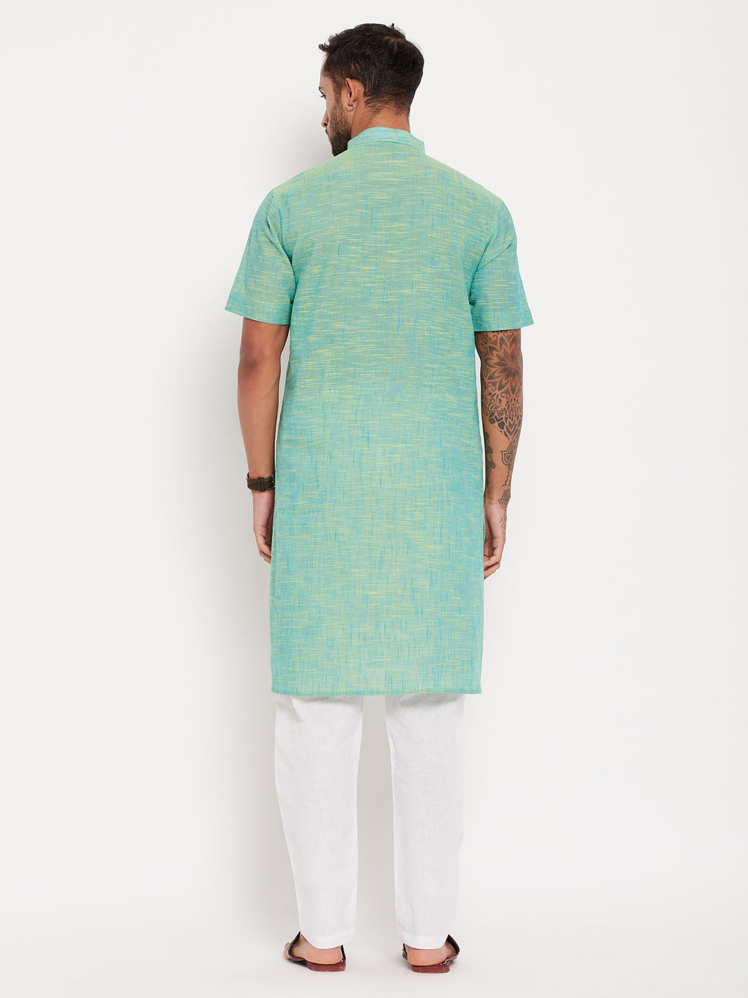 Sarvati Men's Solid Parrot Green Pure Cotton Kurta With White Pyjama Set