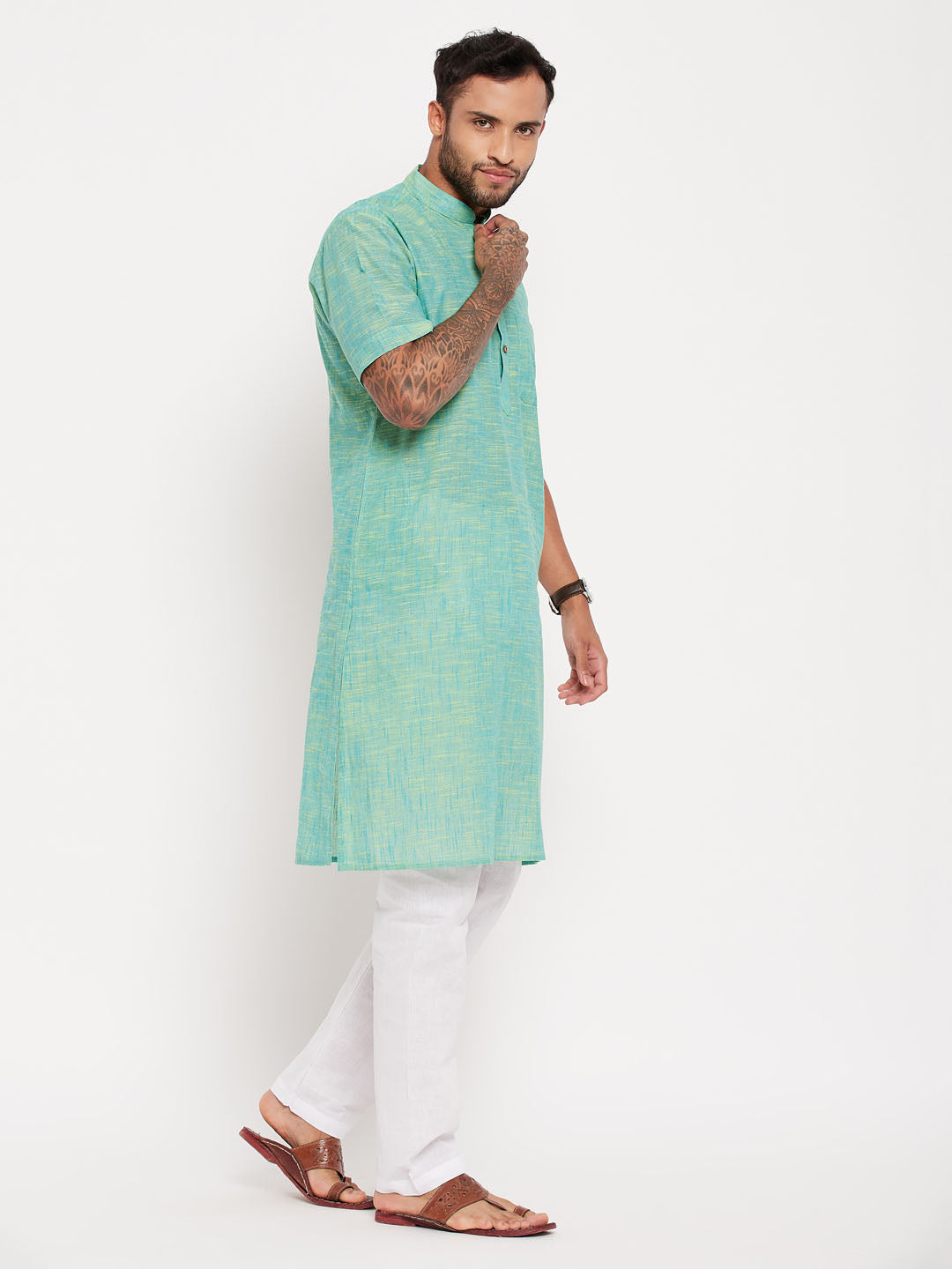 Sarvati Men's Solid Parrot Green Pure Cotton Kurta With White Pyjama Set