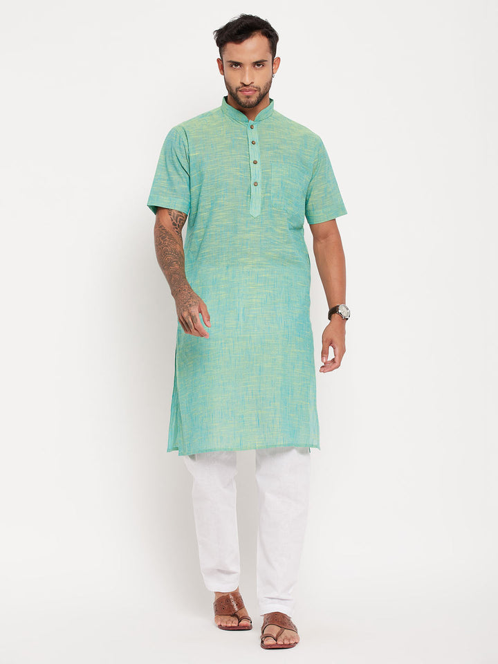 Sarvati Men's Solid Parrot Green Pure Cotton Kurta With White Pyjama Set