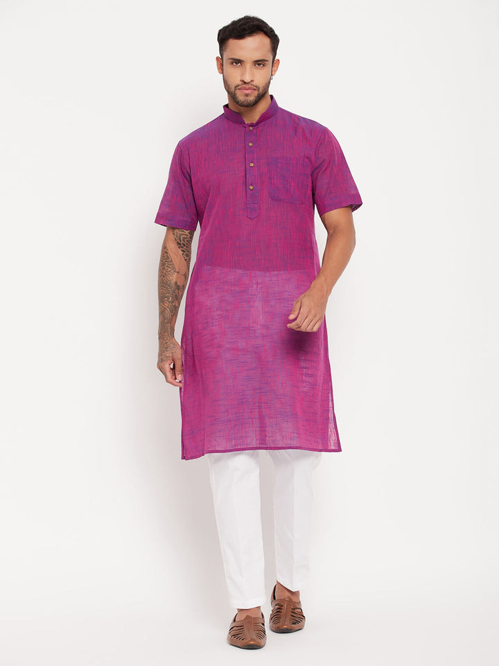 Sarvati Men's Solid Purple Pure Cotton Kurta With White Pant Style Pyjama Set