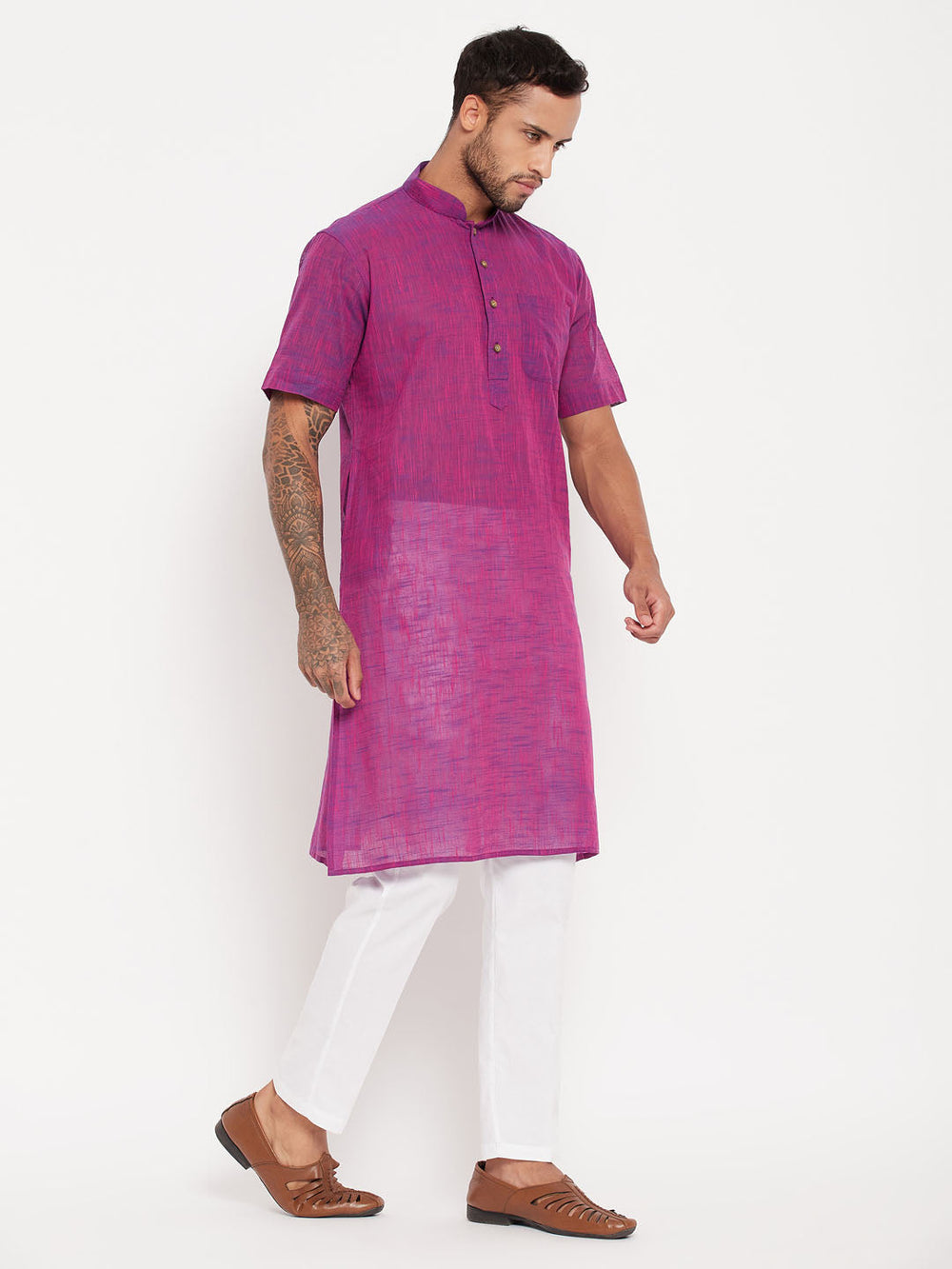 Sarvati Men's Solid Purple Pure Cotton Kurta With White Pant Style Pyjama Set