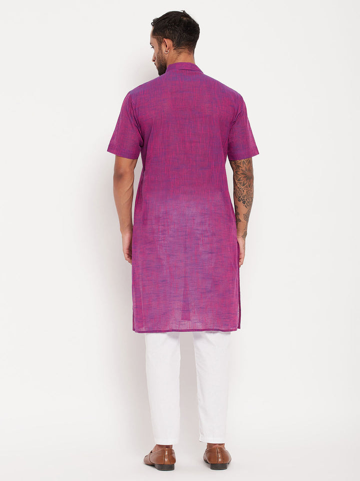 Sarvati Men's Solid Purple Pure Cotton Kurta With White Pant Style Pyjama Set