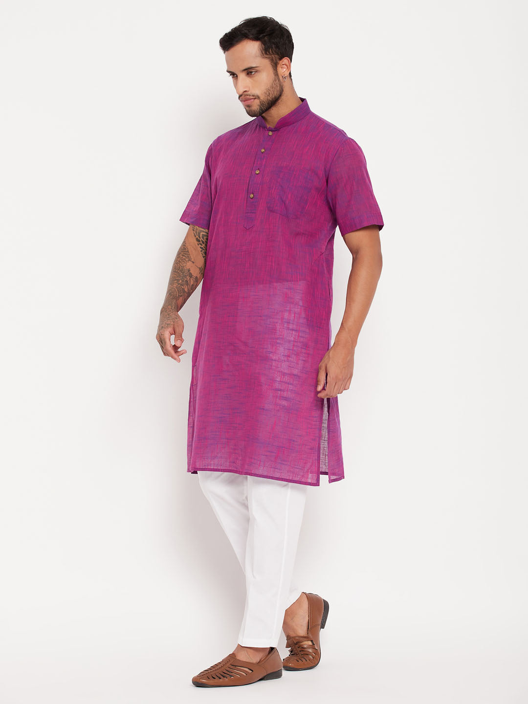 Sarvati Men's Solid Purple Pure Cotton Kurta With White Pant Style Pyjama Set