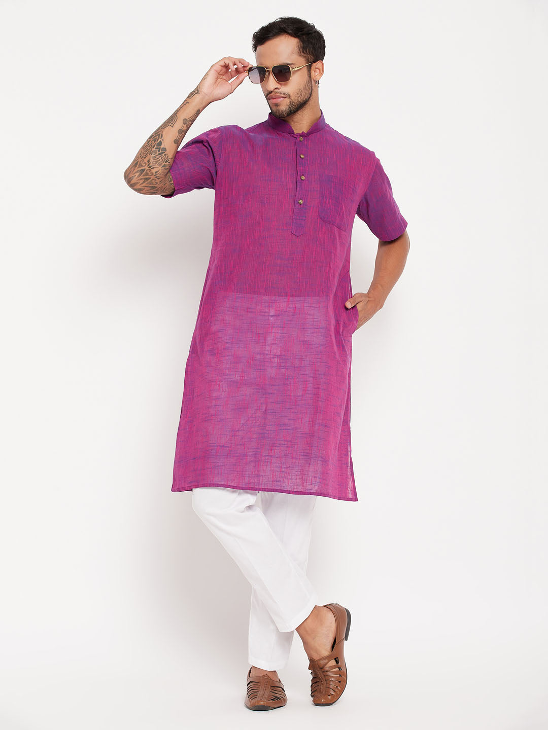 Sarvati Men's Solid Purple Pure Cotton Kurta With White Pant Style Pyjama Set