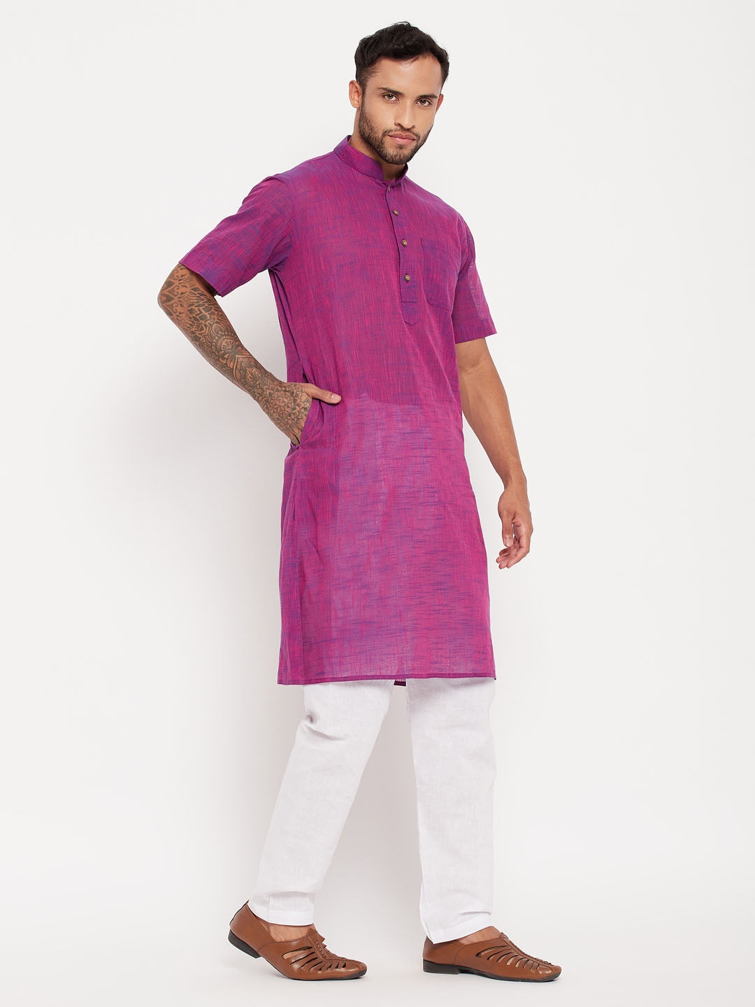 Sarvati Men's Solid Purple Pure Cotton Kurta With White Pyjama Set