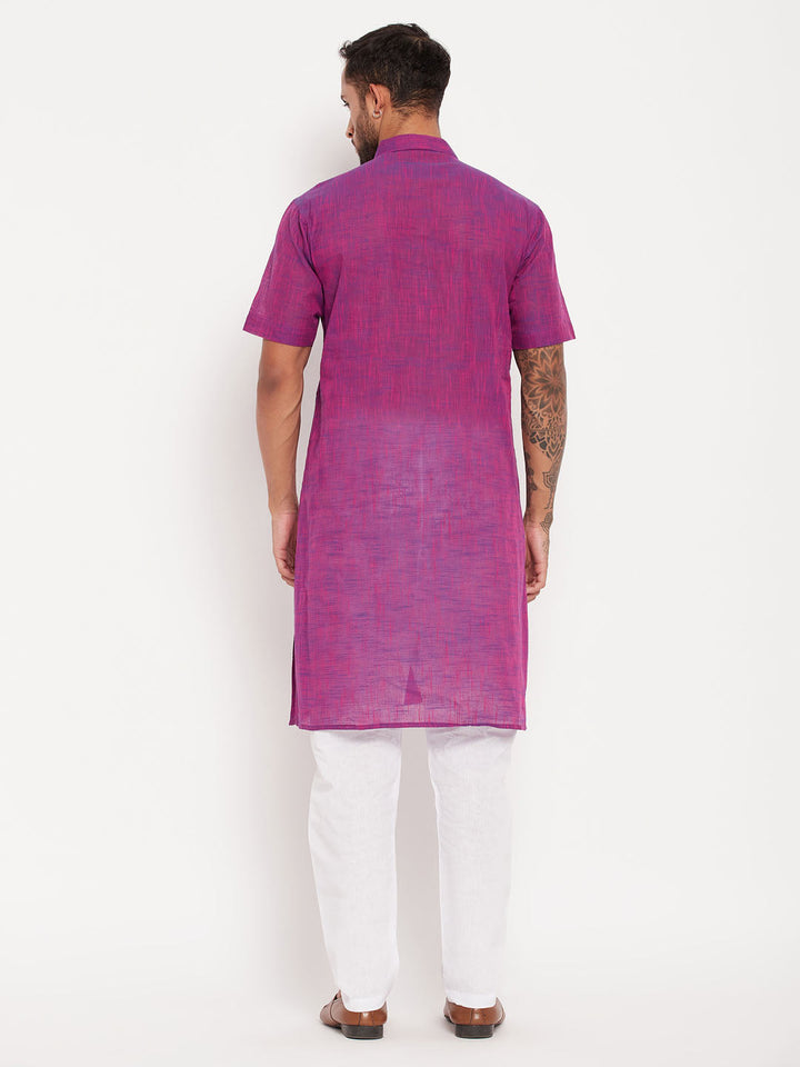 Sarvati Men's Solid Purple Pure Cotton Kurta With White Pyjama Set