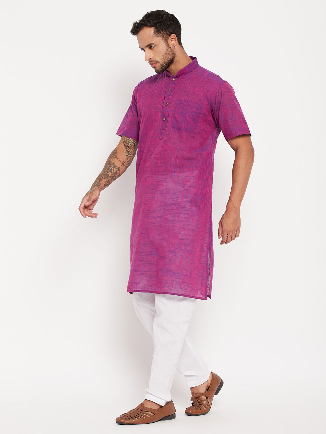 Sarvati Men's Solid Purple Pure Cotton Kurta With White Pyjama Set