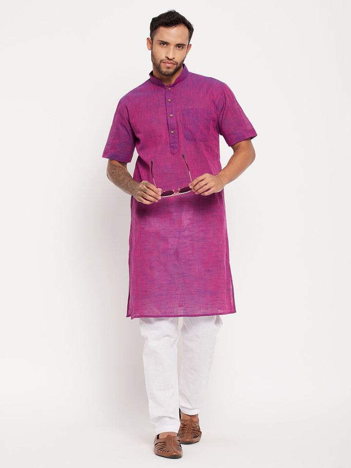 Sarvati Men's Solid Purple Pure Cotton Kurta With White Pyjama Set