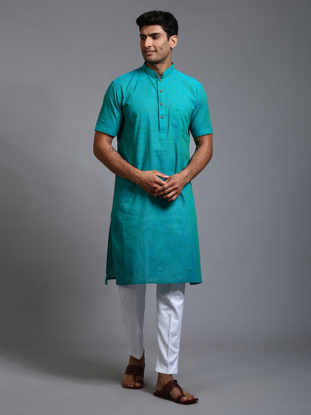 Sarvati Men's Solid Turquoise Blue Pure Cotton Kurta Pant Set