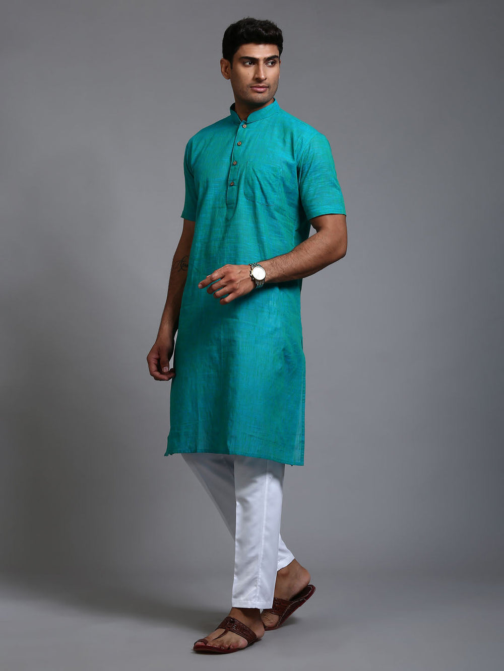 Sarvati Men's Solid Turquoise Blue Pure Cotton Kurta Pant Set