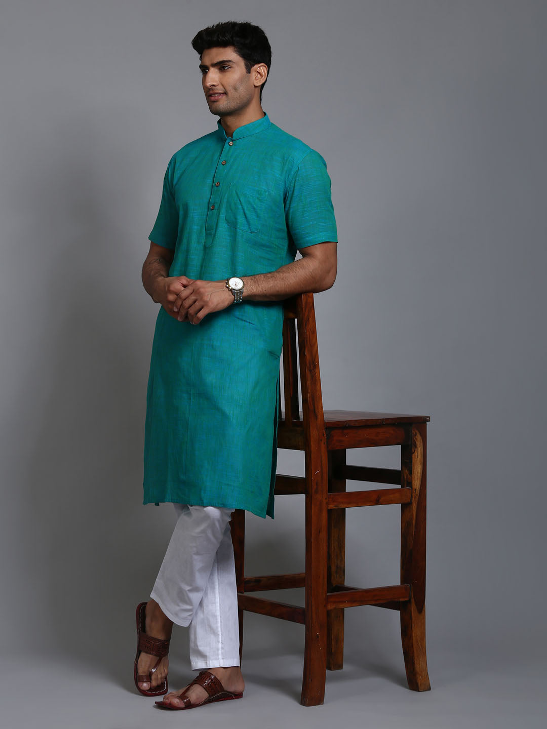 Sarvati Men's Solid Turquoise Blue Pure Cotton Kurta Pyjama Set