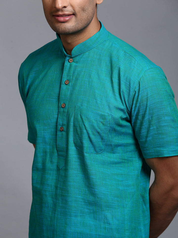 Sarvati Men's Solid Turquoise Blue Pure Cotton Kurta Pyjama Set