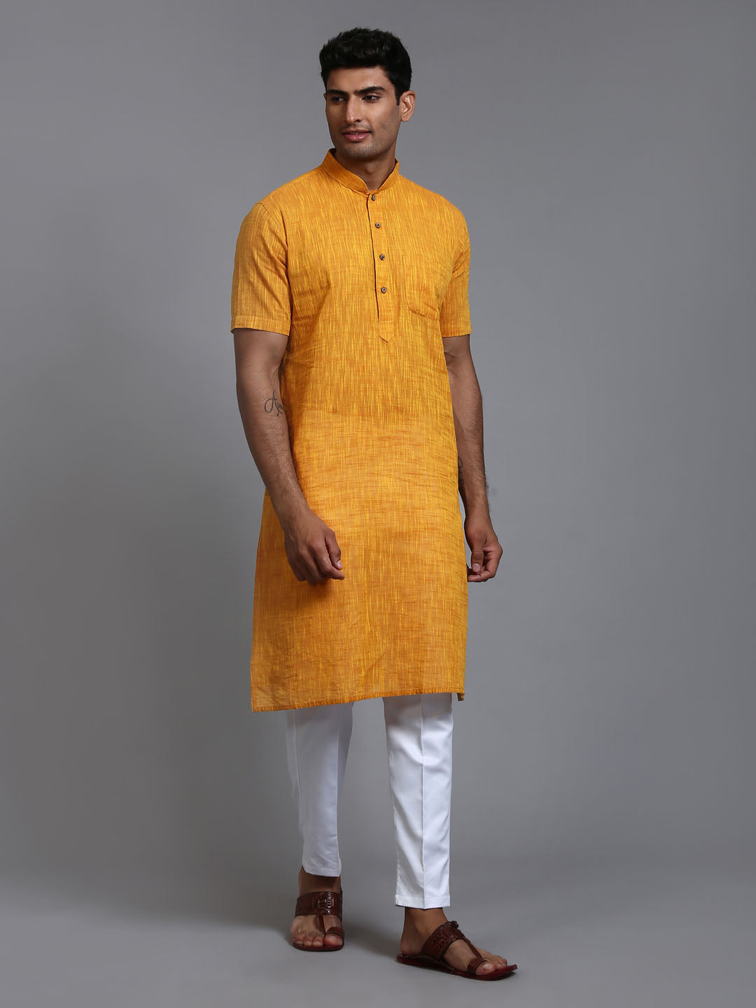 Sarvati Men's Solid Yellow Pure Cotton Kurta Pant Set