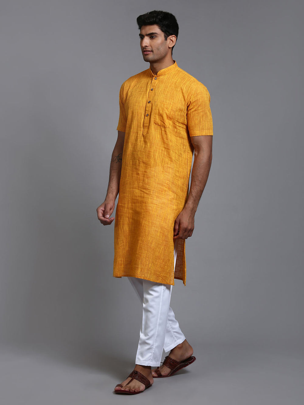 Sarvati Men's Solid Yellow Pure Cotton Kurta Pant Set