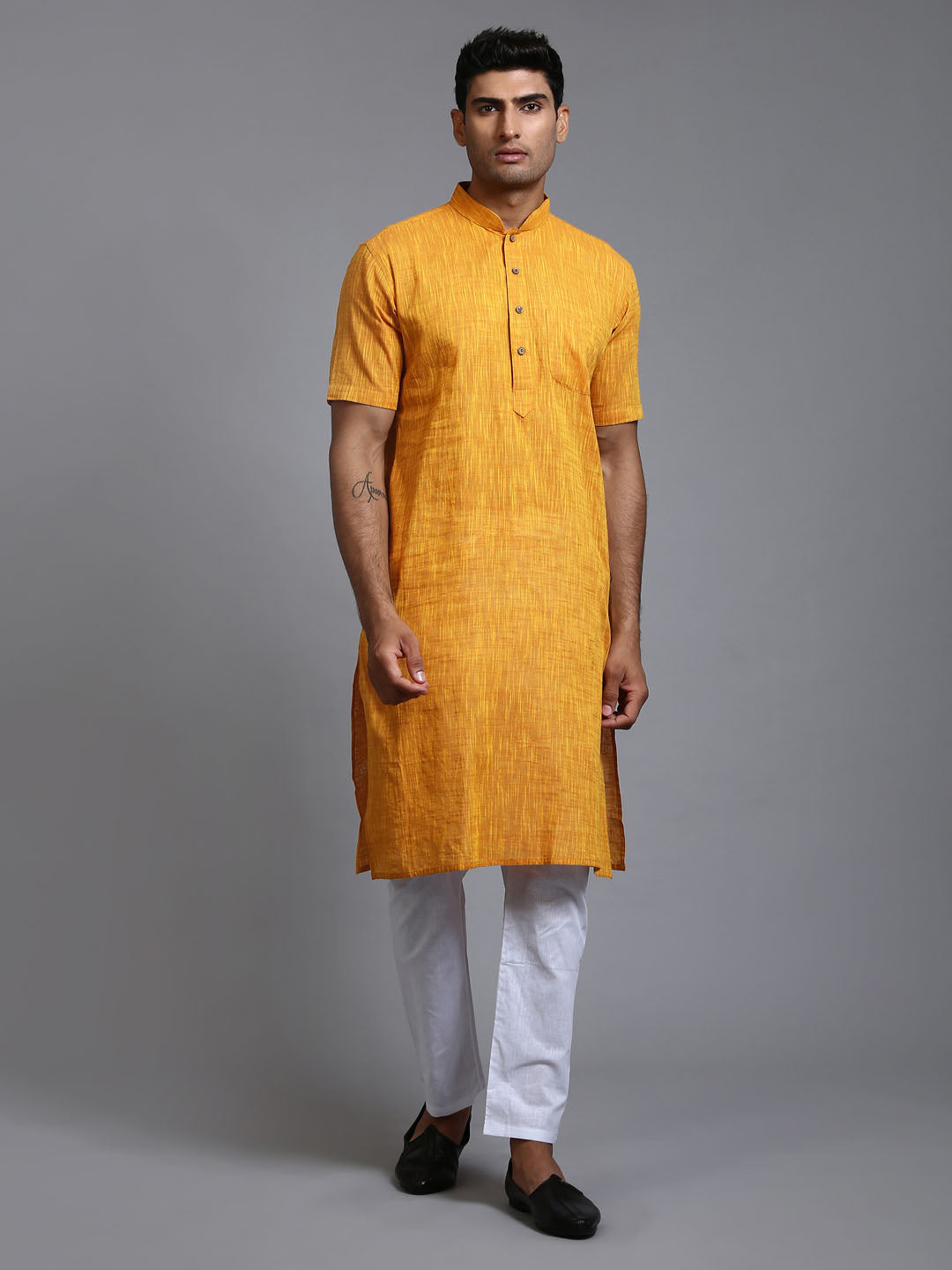 Sarvati Men's Solid Yellow Pure Cotton Kurta Pyjama Set