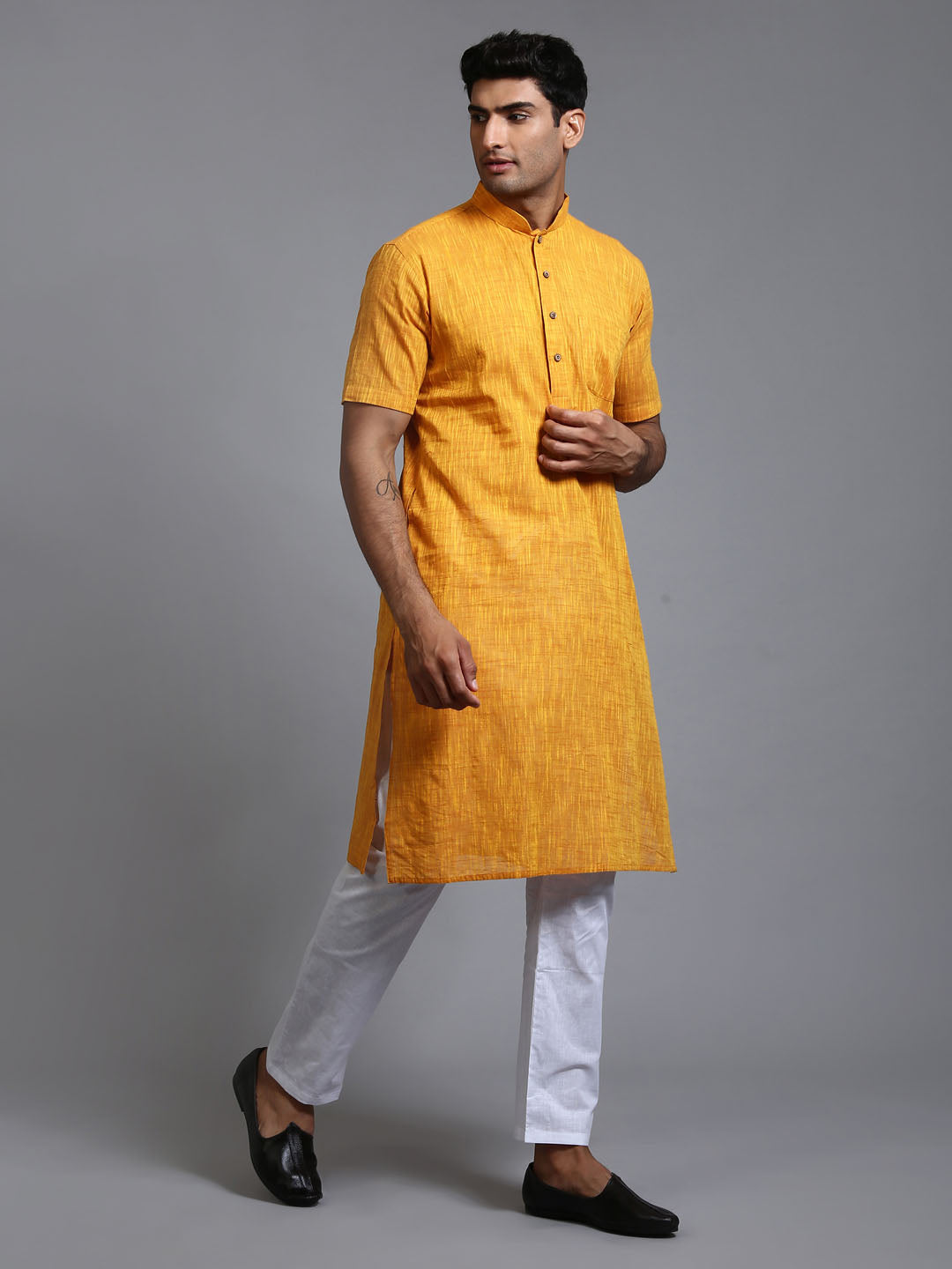 Sarvati Men's Solid Yellow Pure Cotton Kurta Pyjama Set