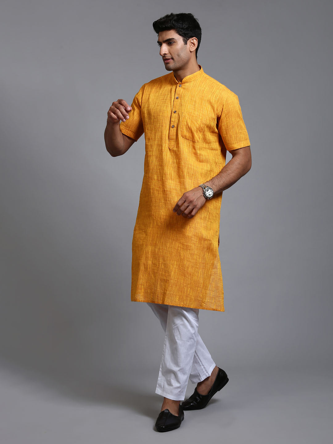 Sarvati Men's Solid Yellow Pure Cotton Kurta Pyjama Set