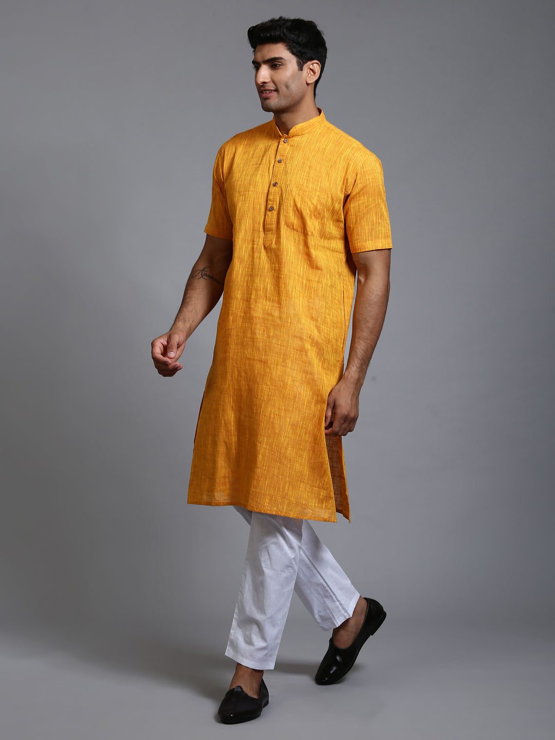 Sarvati Men's Solid Yellow Pure Cotton Kurta Pyjama Set