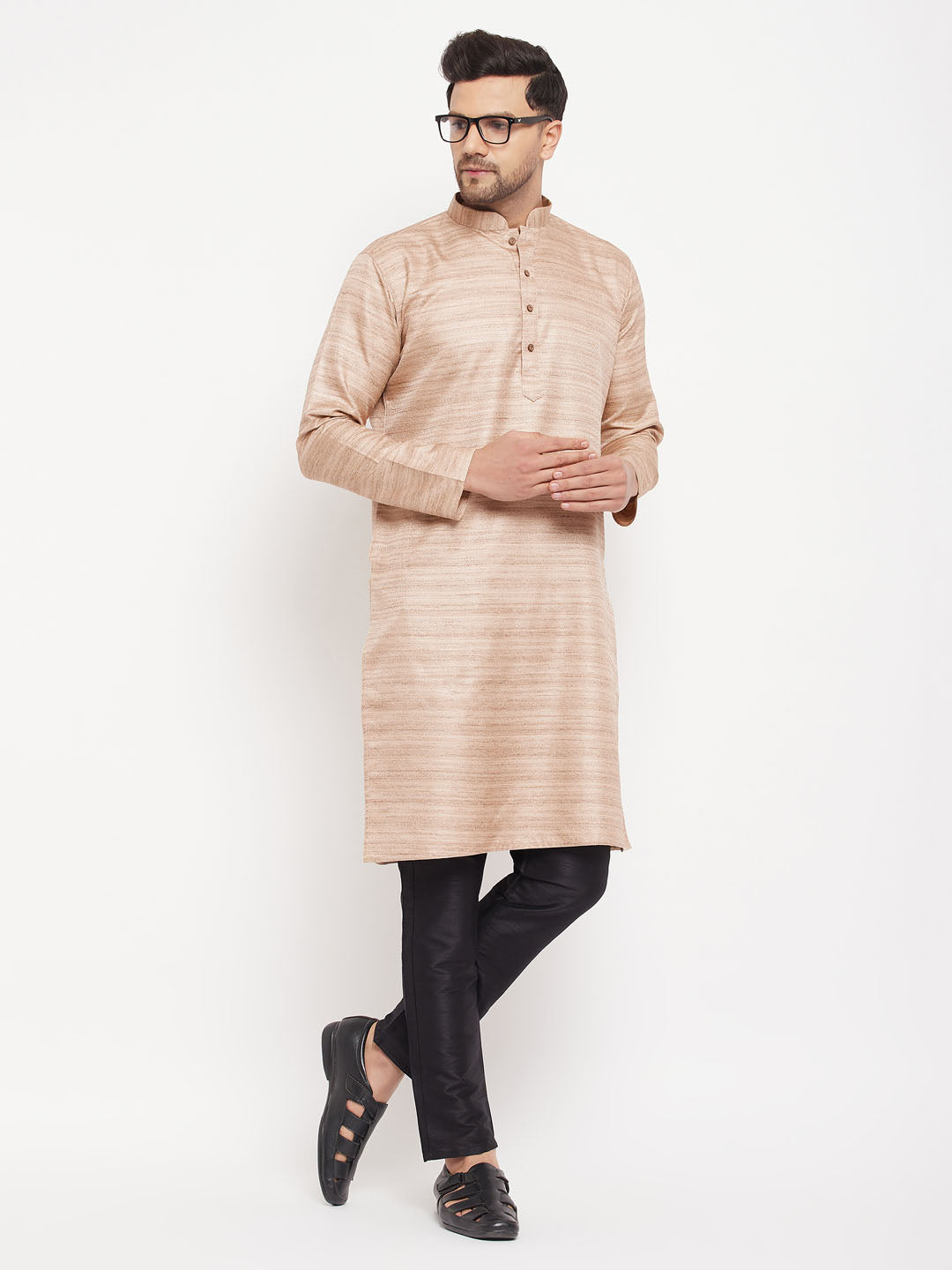 Sarvati Men's Beige Matka Silk Kurta and Black Pant Style Pyjama Set