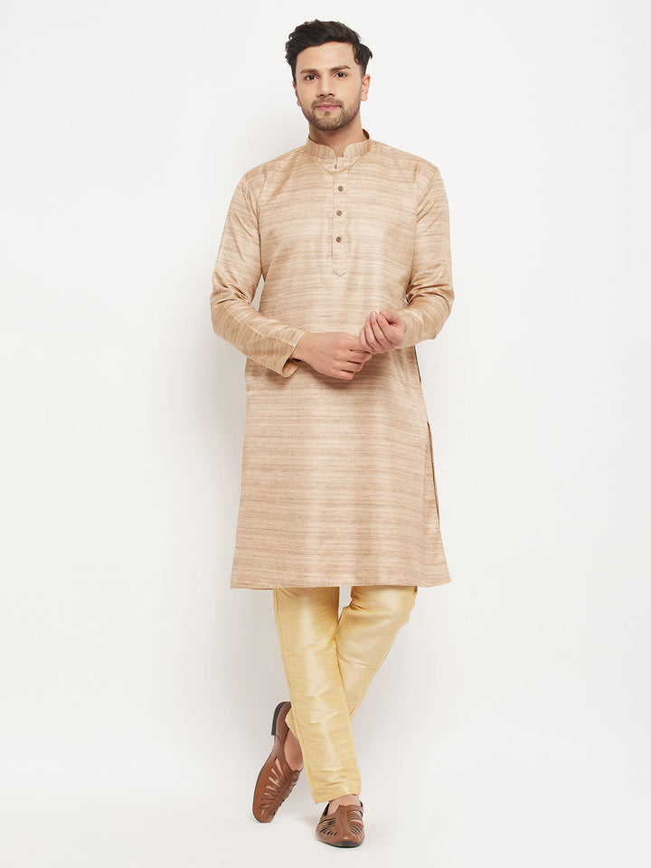 Sarvati Men's Beige Matka Silk Kurta and Gold Pant Style Pyjama Set