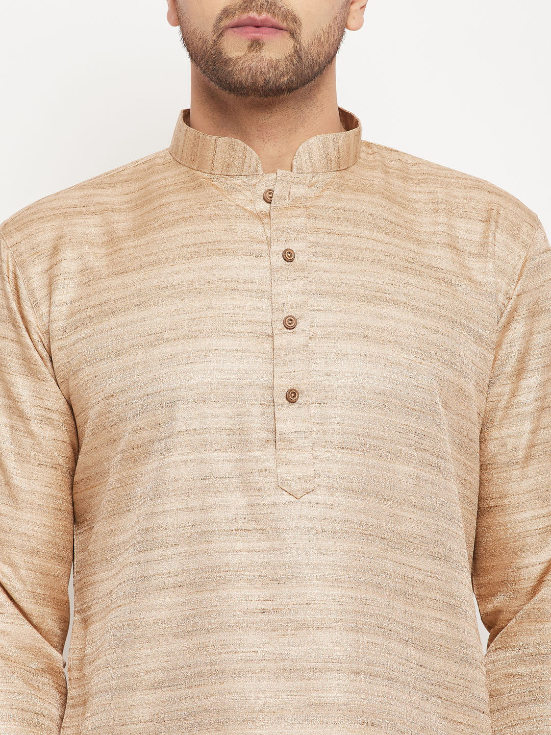 Sarvati Men's Beige Matka Silk Kurta and Gold Pant Style Pyjama Set