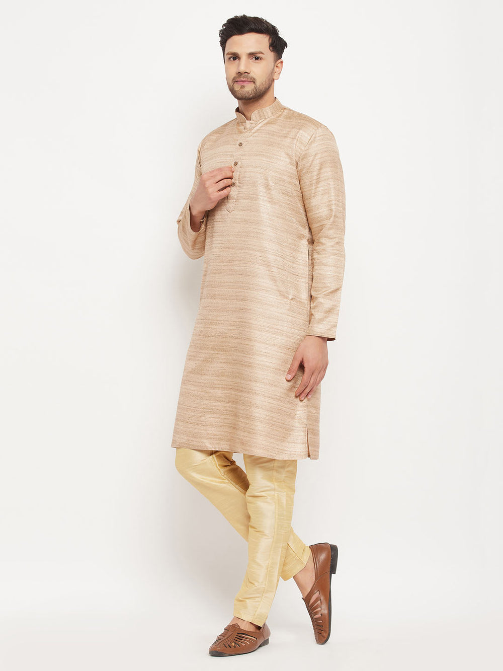 Sarvati Men's Beige Matka Silk Kurta and Gold Pant Style Pyjama Set