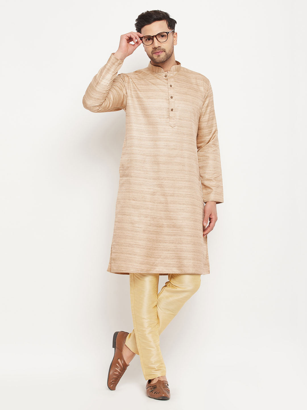 Sarvati Men's Beige Matka Silk Kurta and Gold Pant Style Pyjama Set